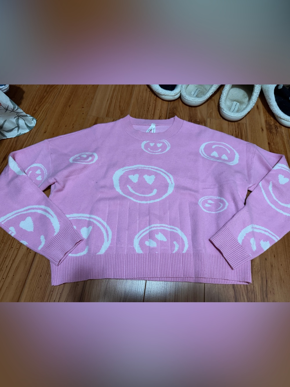 Dreamers Pink Crewneck Sweater with White Smiley Motifs